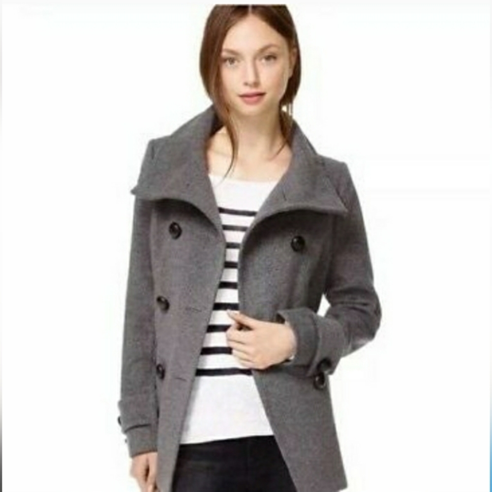Aritzia Babaton Howell Wool Double Breasted Funnel Neck Peacoat Jacket Grey Sz S